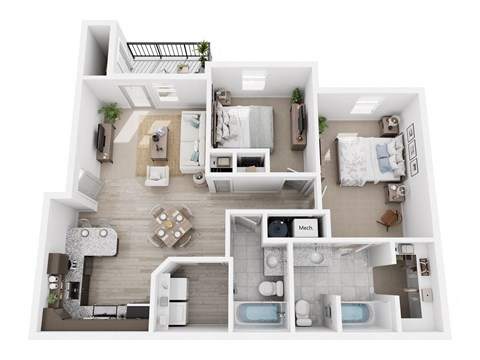 Floor plan for 2 beds, 2 baths, 977 sqft